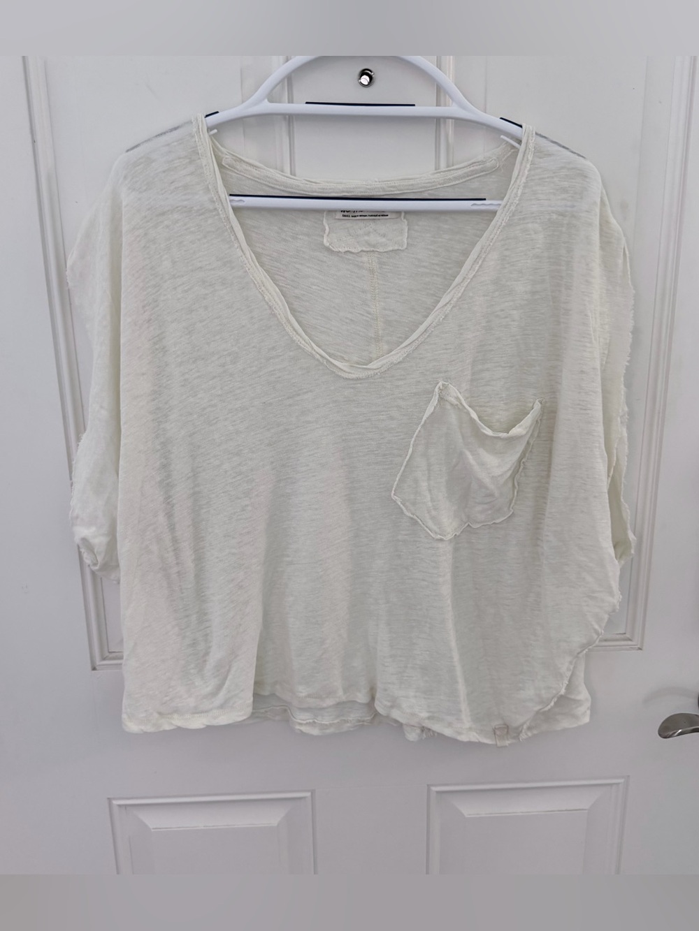 We The Free Boxy Pocket T-Shirt S | Ivory Linen Blend